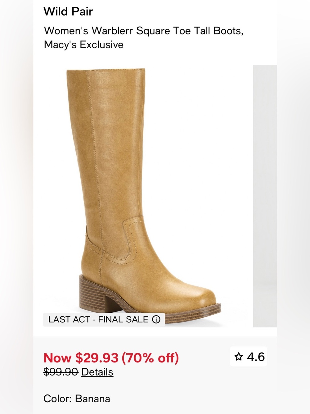 Women’s square toe tall boots with 2” block heel, Sz: 8. Color: Banana - Picture 12 of 12